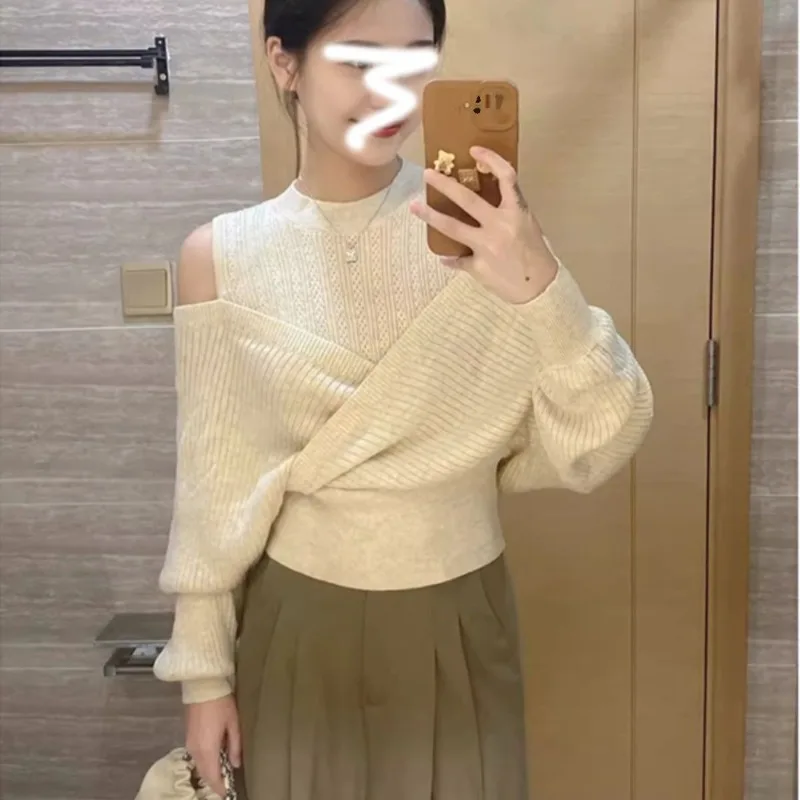 Flower Apricot Splicing Fake Twopiece Knitted Sweater Women Top Off The Shoulder New Irregular Design Sweater Spring Autumn Wear