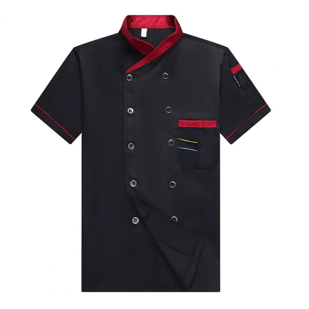 Chef Shirt Double-breasted Patch Pocket Stand Collar Buttons Short Sleeves Cooking Restaurant Unisex Plus Size Chef Uniform