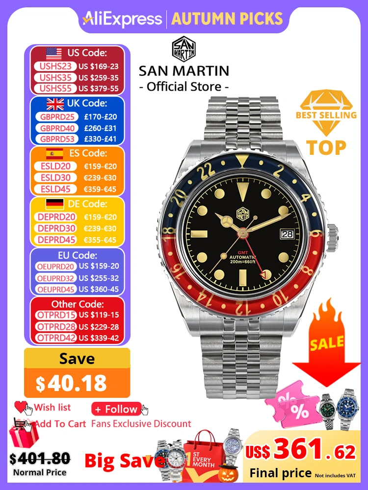 San Martin NH34 40mm GMT Luxury Sports Style Full Luminous Bidirectional Sapphire Bezel Automatic Mechanical Watch 20 Bar SN0005