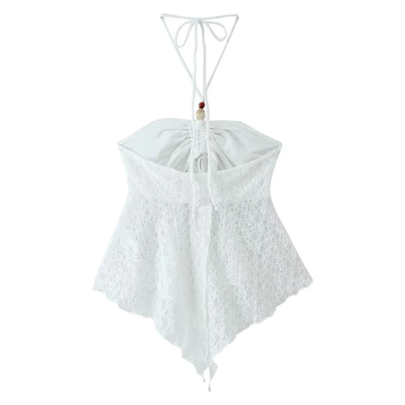 YENKYE Women's White Lace Halter Top Ruched Front Beaded Detail Asymmetrical Hem Sexy Summer Tops Vacation & Casual Days Wear