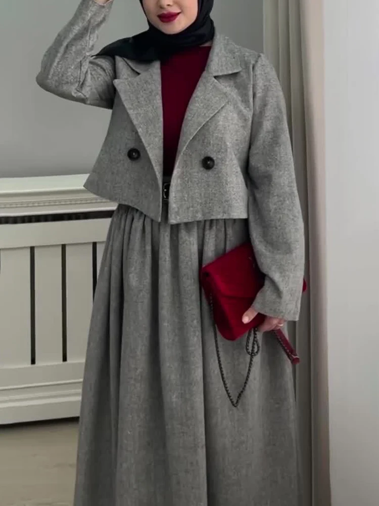 CHICEVER Gray Color Two Piece Set For Women Lapel Long Sleeve Short Coat A Line Skirt With Elastic Elegant Suit Female Clothing