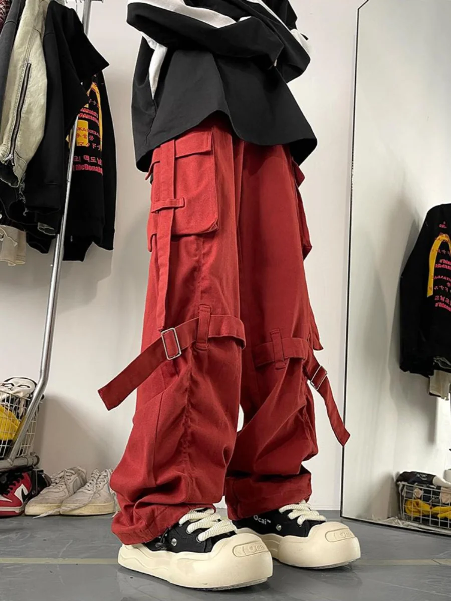 

American Retro Wine Red Men's Casual Pants Multi-ket Workwear Trousers Trendy Brand Vintage Functionali Polyester Fiber