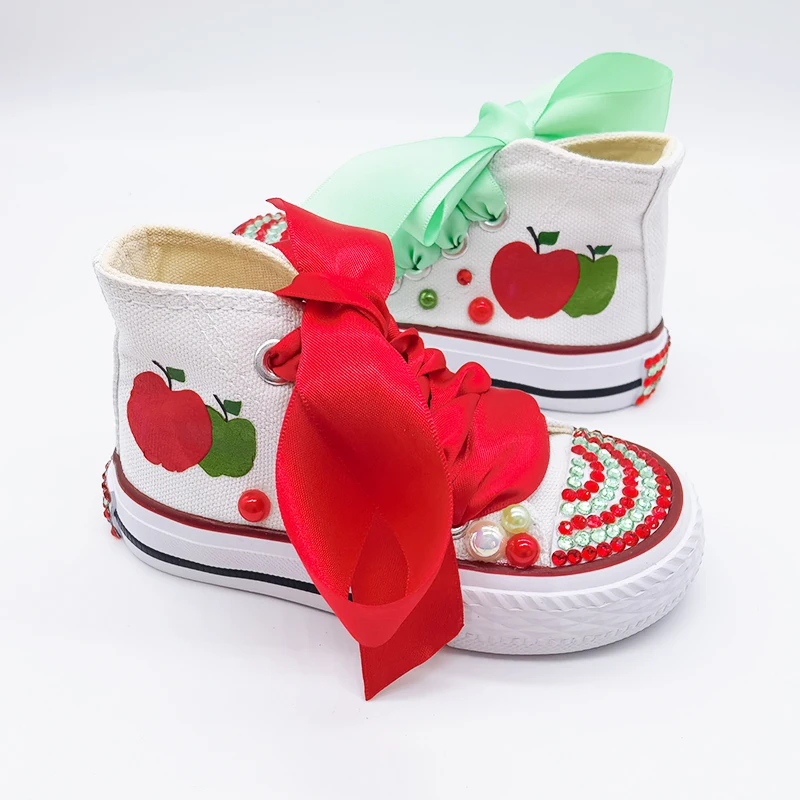 Red And Green Theme Kids Canvas Shoes DIY For Girl Communion Shoes Dollbling Handmade Bling Sneakers Birthday Gift for Kids