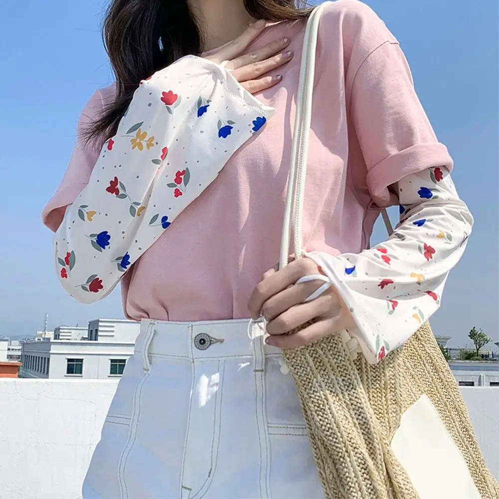 Flower Print Anti-sunburn Sleeve Summer Ice silk Arm Sleeves Outdoor Driving Cycling Sun Protection Long Sleeve Adjustable Cuff