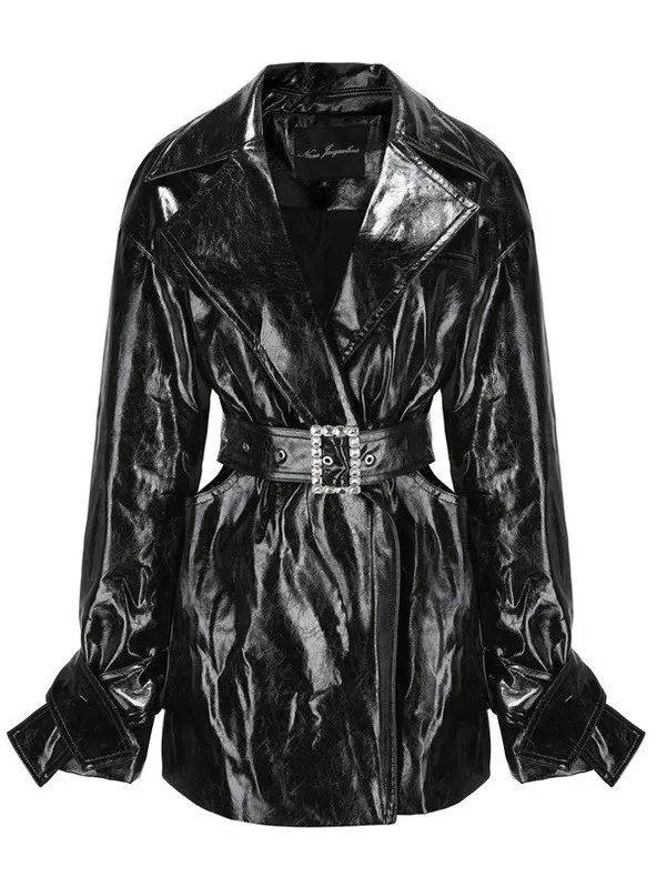 Casaco de couro de luxo eficaz para emagrecimento com cinto e diamante bule comprimento médio com entrescamento na cintura corta-vento