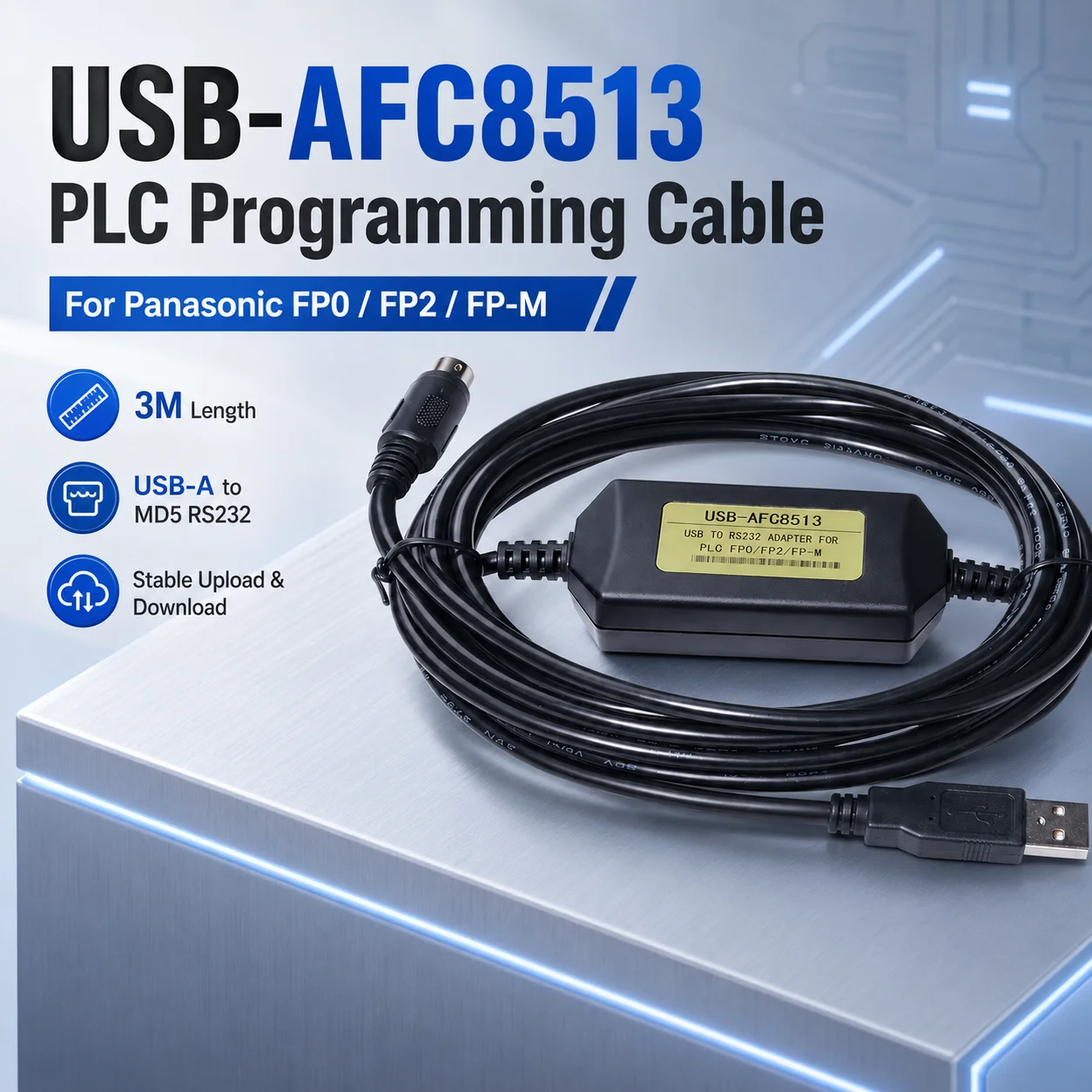 USB-AFC8513 3M PLC Programming Cable, USB to MD5 RS232 Download Lead for Panasonic FP0 FP2 FP-M, 10V Enhanced Version