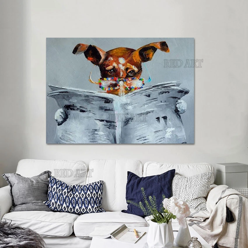 

Hand Painted Cartoon Animal Oil Painting Canvas, Hand Painted, Lovely Pet Dog Reading Book Wall Poster, Nordic Art, Unframed