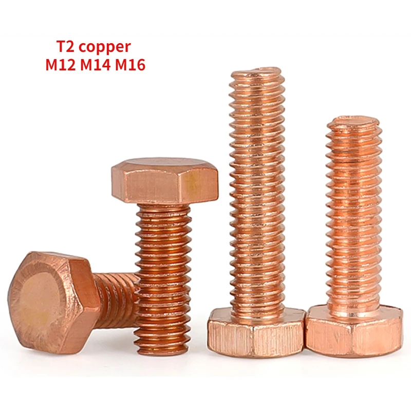 1PCS T2 Red Copper External Hexagonal Screw Electrolytic Copper Bolt External Hexagonal Screw M12 M14 M16