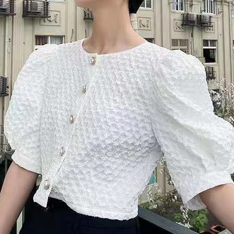 

2024 Spring/Summer New Folded Bubble Sleeves Small Fragrance Style Shirt Short Sleeve Cardigan Short Top Women