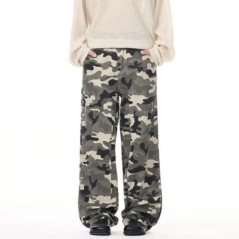 

Американские уличные камуфляжные лоскутные джинсы в стиле хип-хоп, осенние свободные повседневные широкие прямые брюки-карго, мужская рабочая одежда, брюки