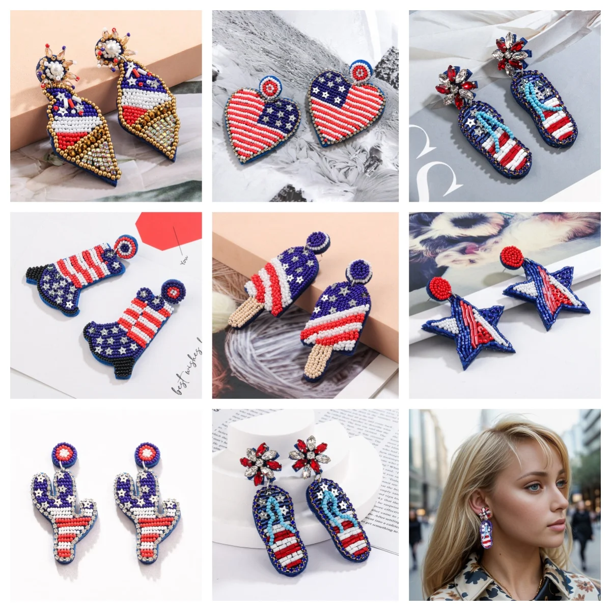 American Independence Day Earrings Bohemian Seed Beaded Love Heart Cactus Popsicle Star Flag Patriotic Earring for Women