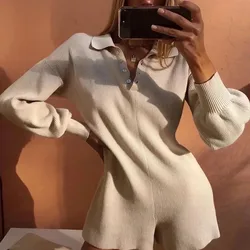 2022 Sexy Jumpsuit Solid Geribbelde Autumn Women's Long Sleeve Shorts Lantern Sleeve One-piece Knitted Casual Bodycon Bodysuit