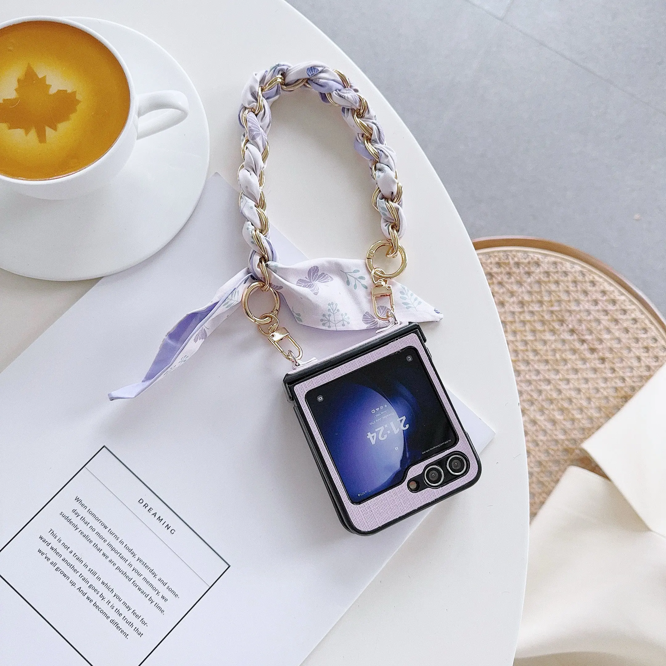 

PU Leather Cover with Hinge Protection & Scarf Wrist Chain Strap Bracelet For Samsung Galaxy Z Flip 6 5 4 3 5G Hard Phone Case