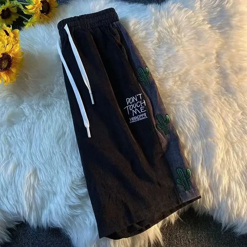 Vintage Shorts Femmes Pantalon Baggy S-3XL Broderie Harajuku Taille Élastique Adolescents Velours Côtelé D'été Kpop Tendance Y2k Couple Vêtements