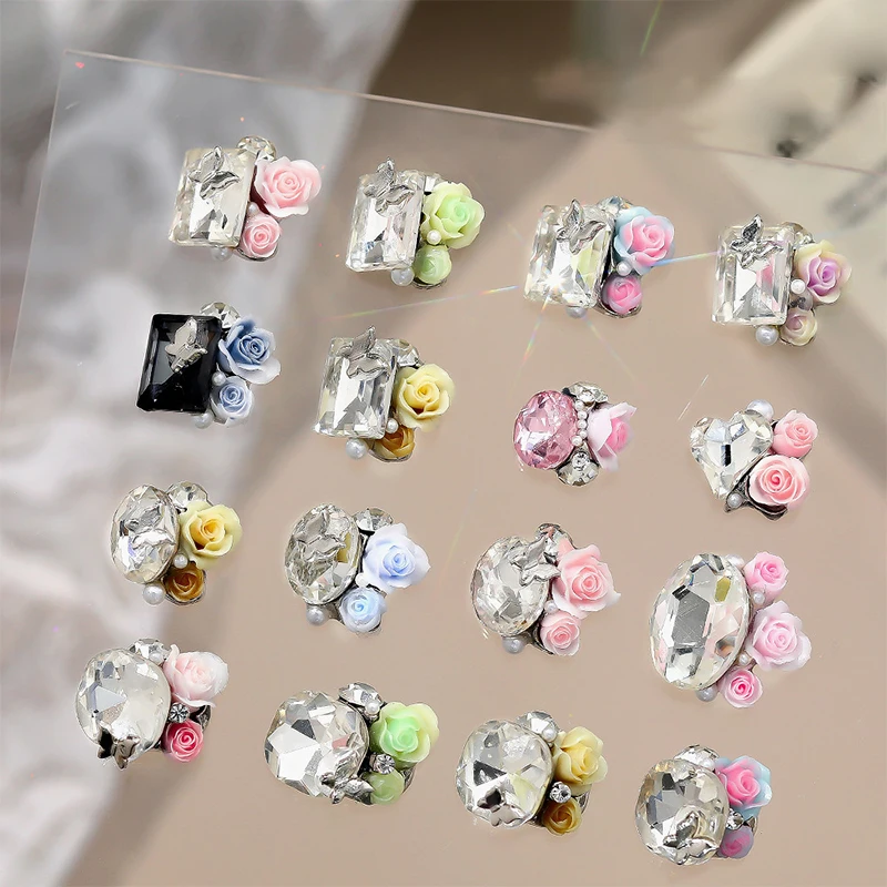 5PCS 3D Nails Accessories Pink Rose Crystal Pearl Pile Drill Handmade Tip Bottom Charms  Manicure