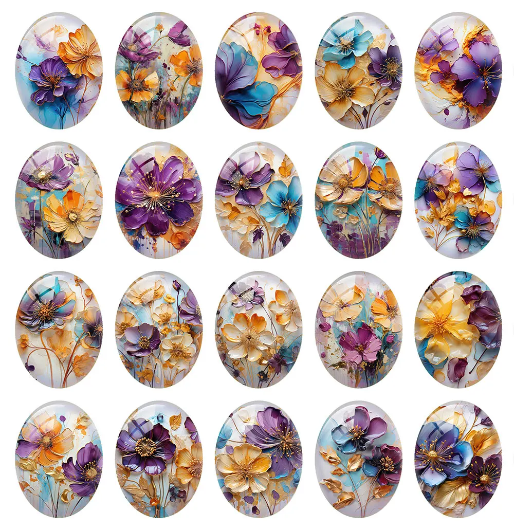 10pcs/lot Oval Photo Glass Cabochon Yellow Purple Flower Flatback Charms Demo Flat Back Cameo For Diy Jewelry Making Accessories