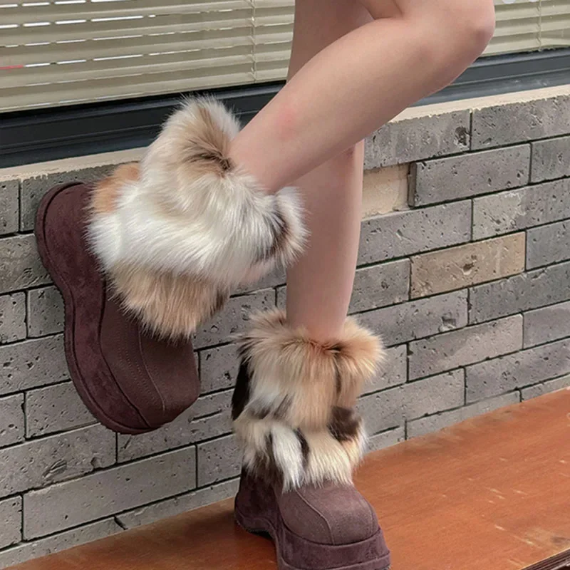Vintage Faux Fur Leg Warmers Imitation Tri-colour Flower Spotted Cat Winter Plush Punk Winter Thickened Leggings JK Boots Cover