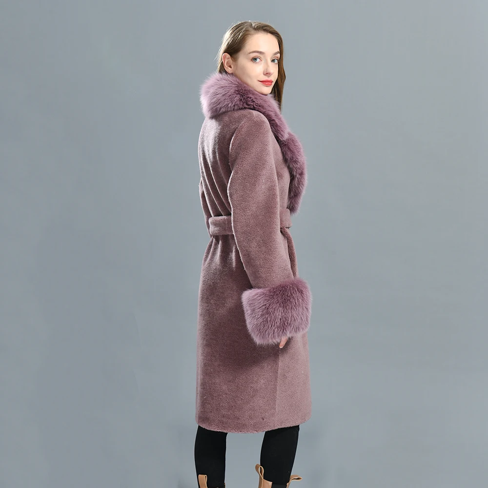 Jaxmonoy Cappotto di lana da donna con collo e polsini in vera pelliccia di volpe Cappotti di pelliccia di agnello stile lungo monocromatico Caldo inverno Novità in capispalla