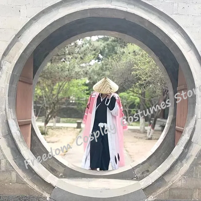 Max Cos Anime Kyoraku Shunsui Cosplay Costume Thousand-Year Blood War Pink Kimono Black Shinigami Attire Outfit Cloak Halloween