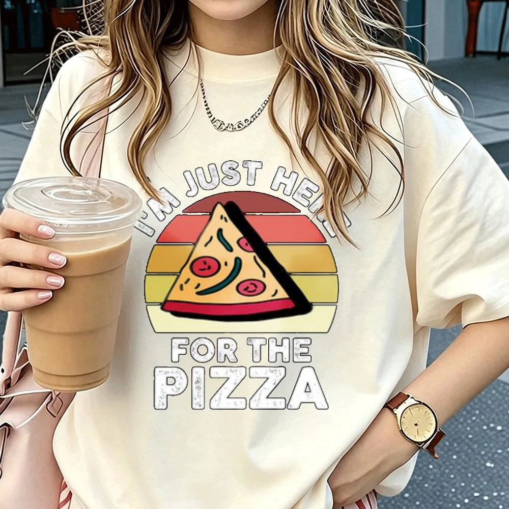 I'm Just Here for The Pizza Graphic T‑Shirt Cotton Short Sleeve Tees Retro Sunset Pizza Slice Print Funny Food Lover Casual Tops