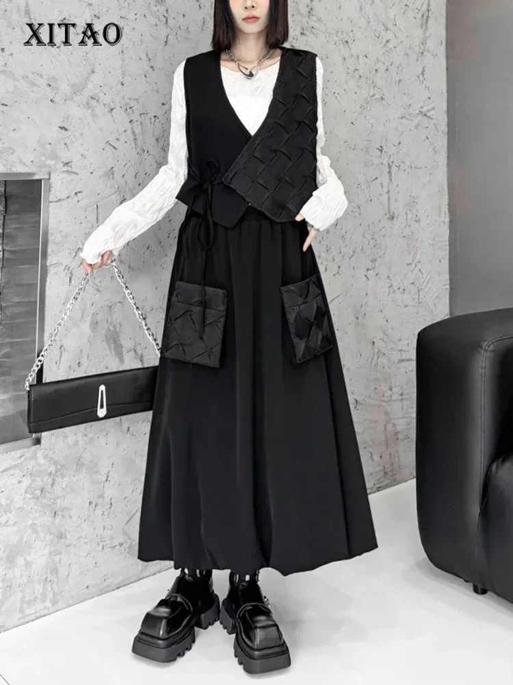 

XITAO Solid Color Patchwork Dress Sets V-neck Bandage Vest Tops Elastic Waist Pocket Loose Mid-Calf Casual Skirt Autumn LJ1076