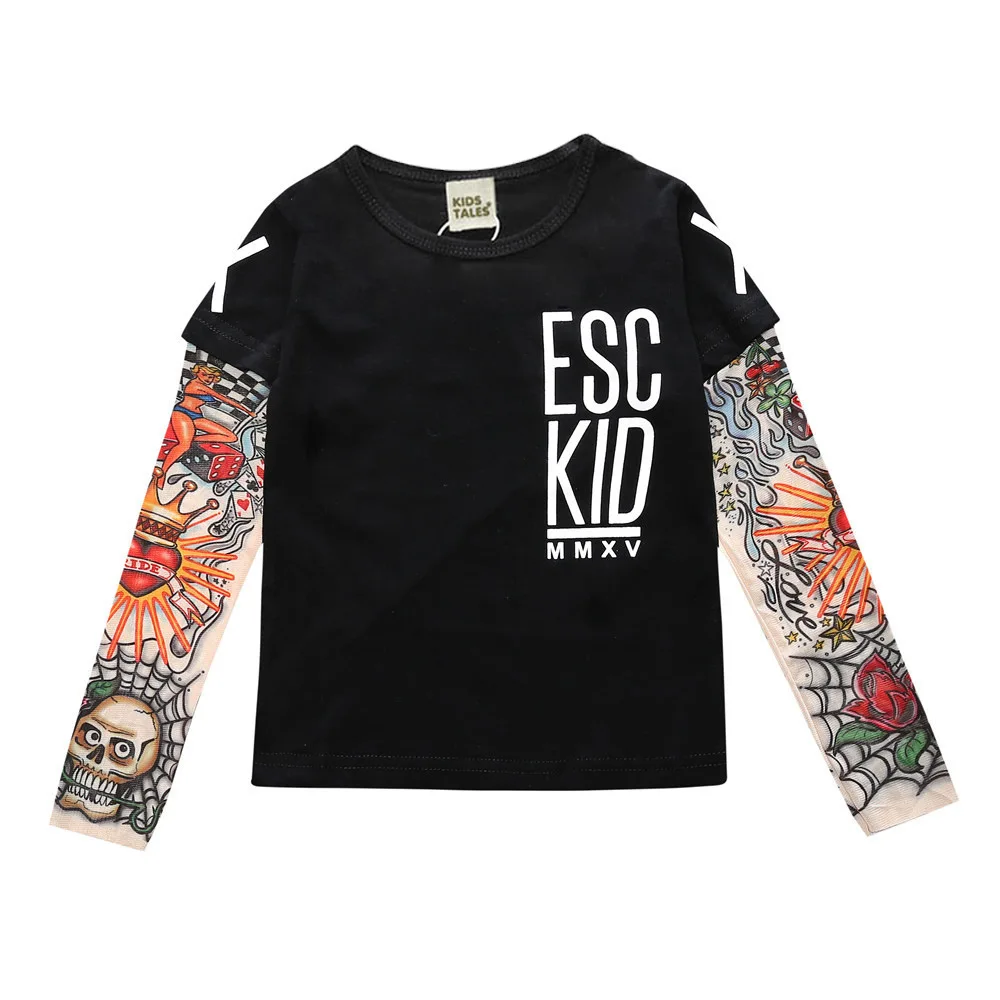 Boys Girls T-shirts Long Sleeved with Patchwork Hip-hop Floral Tattoo Prints INS Spring Autumn Streetwear Tees Baby Fashion Tops