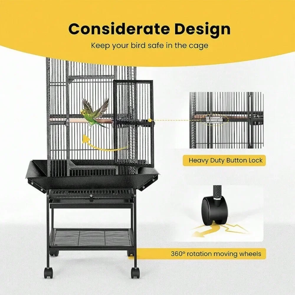 Wrought Iron Large Bird Cage w/ Play Top, Rolling Stand Parrots Conures Lovebird