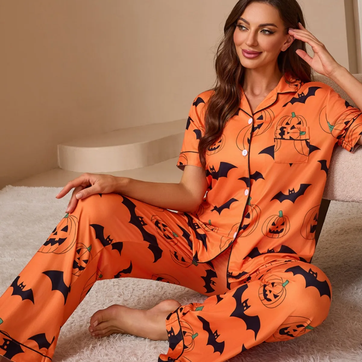 Cardigan Halloween Print Pajamas For Women Polyester Cardigan Halloween Print Pajamas For Women Lapel Contrast Piping Short
