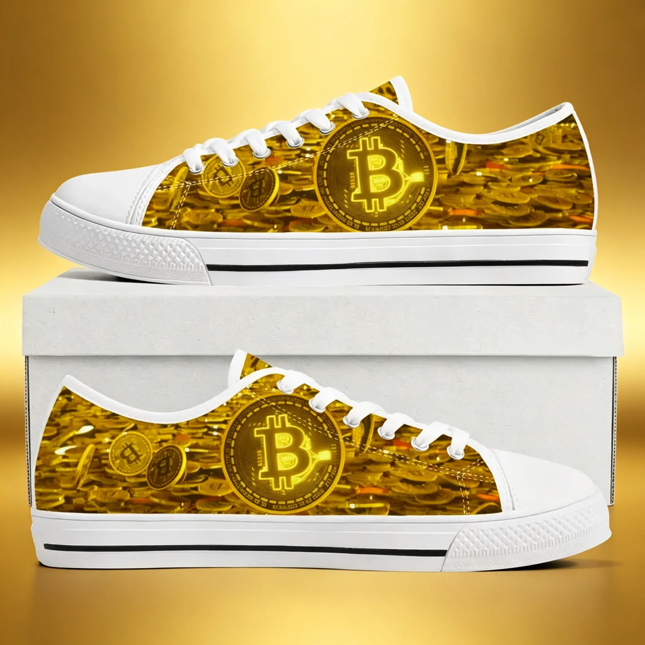 Bitcoin Symbol 3D Print Low Top Canvas Sneakers Unisex Trendy Breathable Casual Custom Shoes