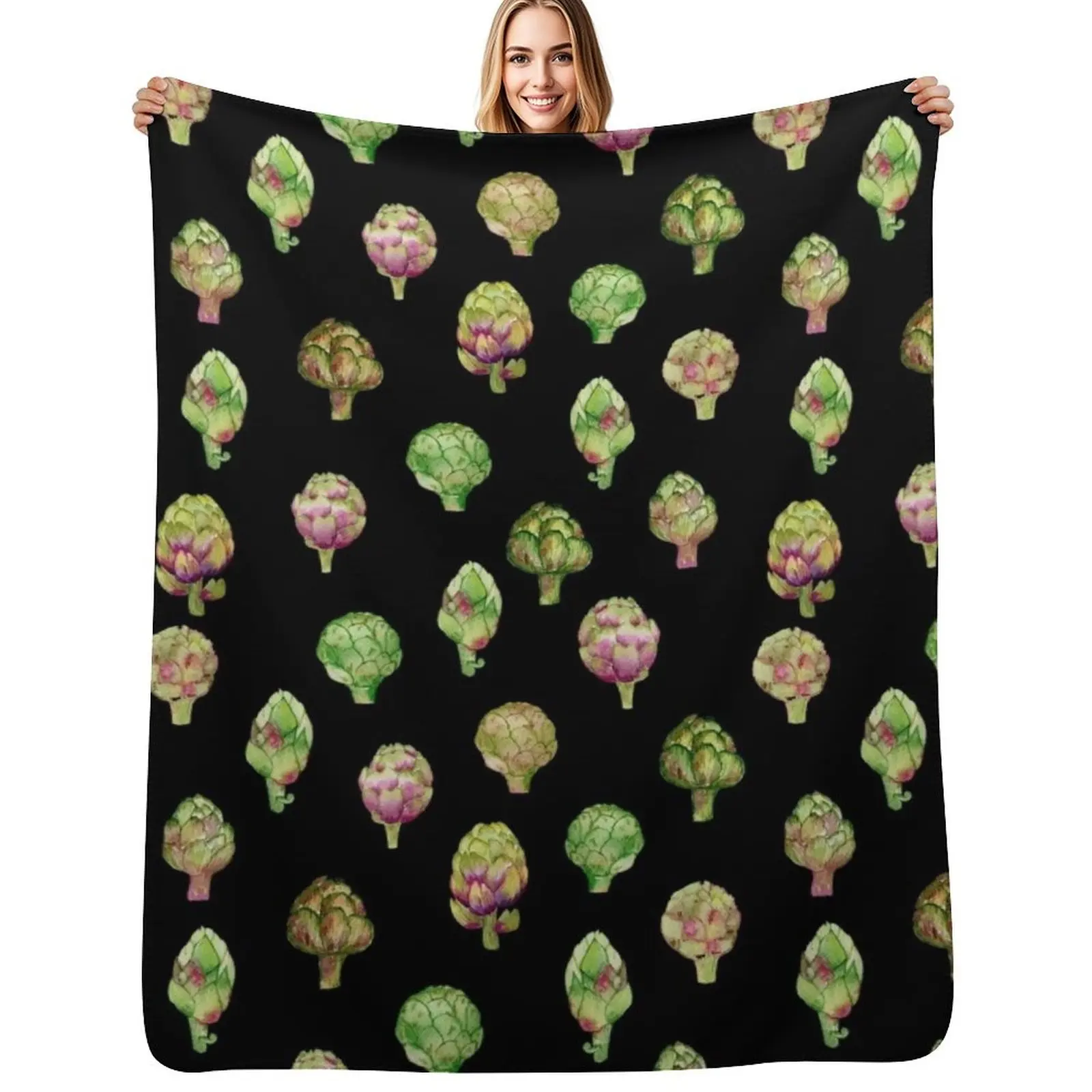 Manta con estampado de acuarela negra con diseño de alcachofa, manta fina y suave para dormir por la noche en verano