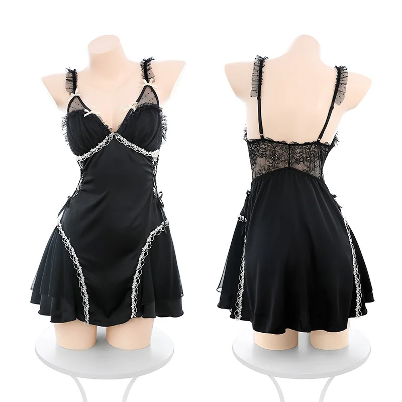 Women's Black Satin Chemise: Lace-Trimmed V-Neck Nightgown for Bedroom Elegance