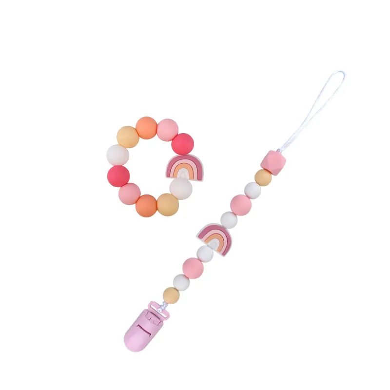 2Pcs Baby Pacifier Clip Chain with Bracelet Set Rainbow Balloon Chew Toy for Nipple Anti-dorp Chian Teething