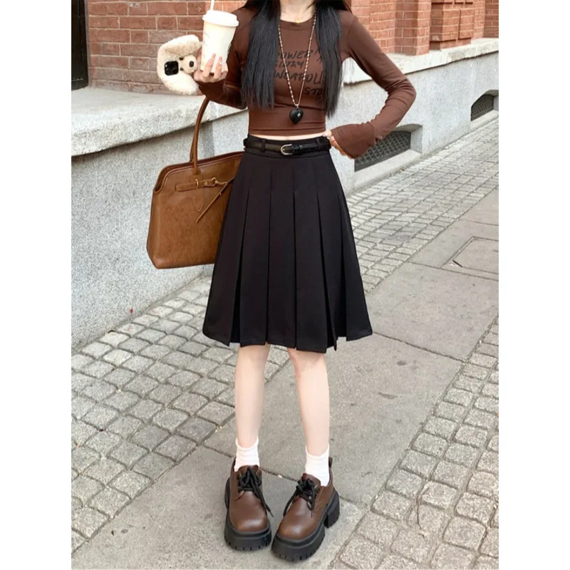 Korean Style Mini Skirts Casual Loose Fit Solid Pleated Skirts With Belt Fashion Simple Office Lady Style High Waist Half Skirts