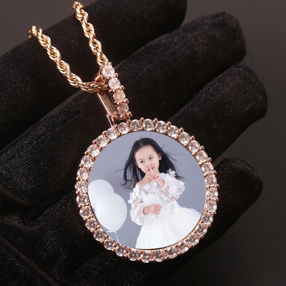 New Custom Hip Hop Gold Silver Color Cubic Zircon Jewelry CZ personalized round photo sublimation necklace pendant