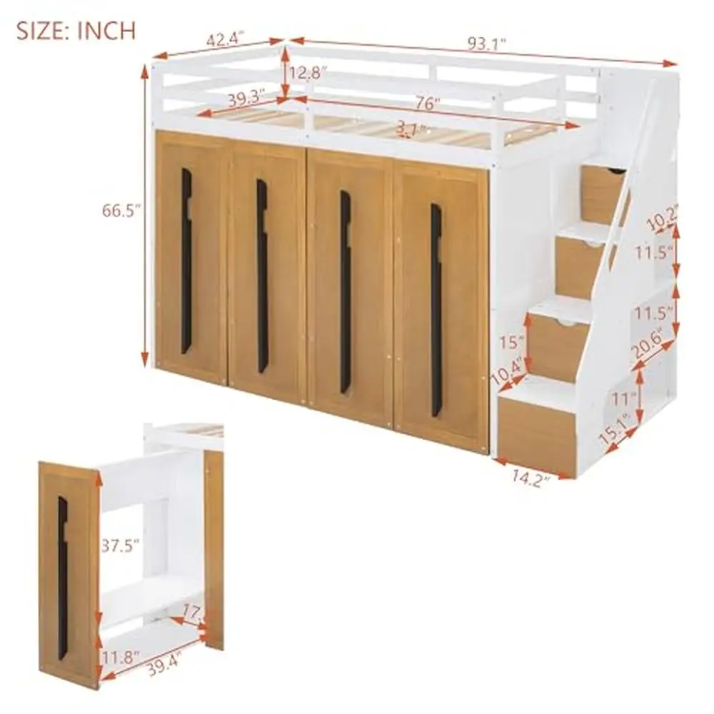 Modern Twin Loft Bed with Two-Tone Storage Stairs & Pull-Out Wardrobes Twin Size Loft Bed with Industrial Grade MDF & Plywood