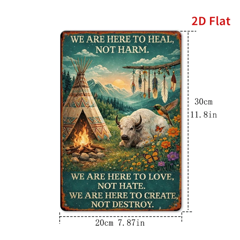 2D Flat, [2Dflat], 1pc 30x20cm- Metal Tin Sign We Are Here to Heal Not Harm Native American Buffalo Feather Vintage Wall Decor,