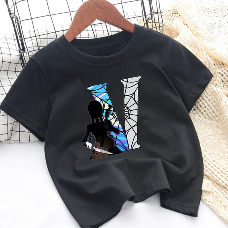 

Футболка серии «Среда», черная модная детская одежда с надписью A-Z, топы с короткими рукавами и героями мультфильмов, кавайная летняя футболка для девочек, подарки на день рождения