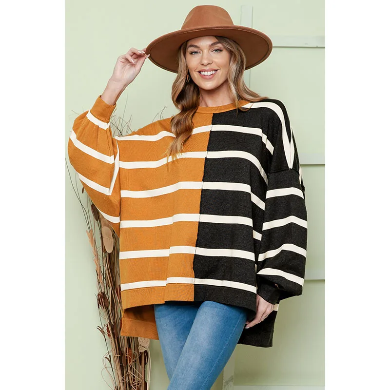 Casual contrasting hooded pullover 2023 winter new striped long sleeved loose round neck fashionable sweater for women