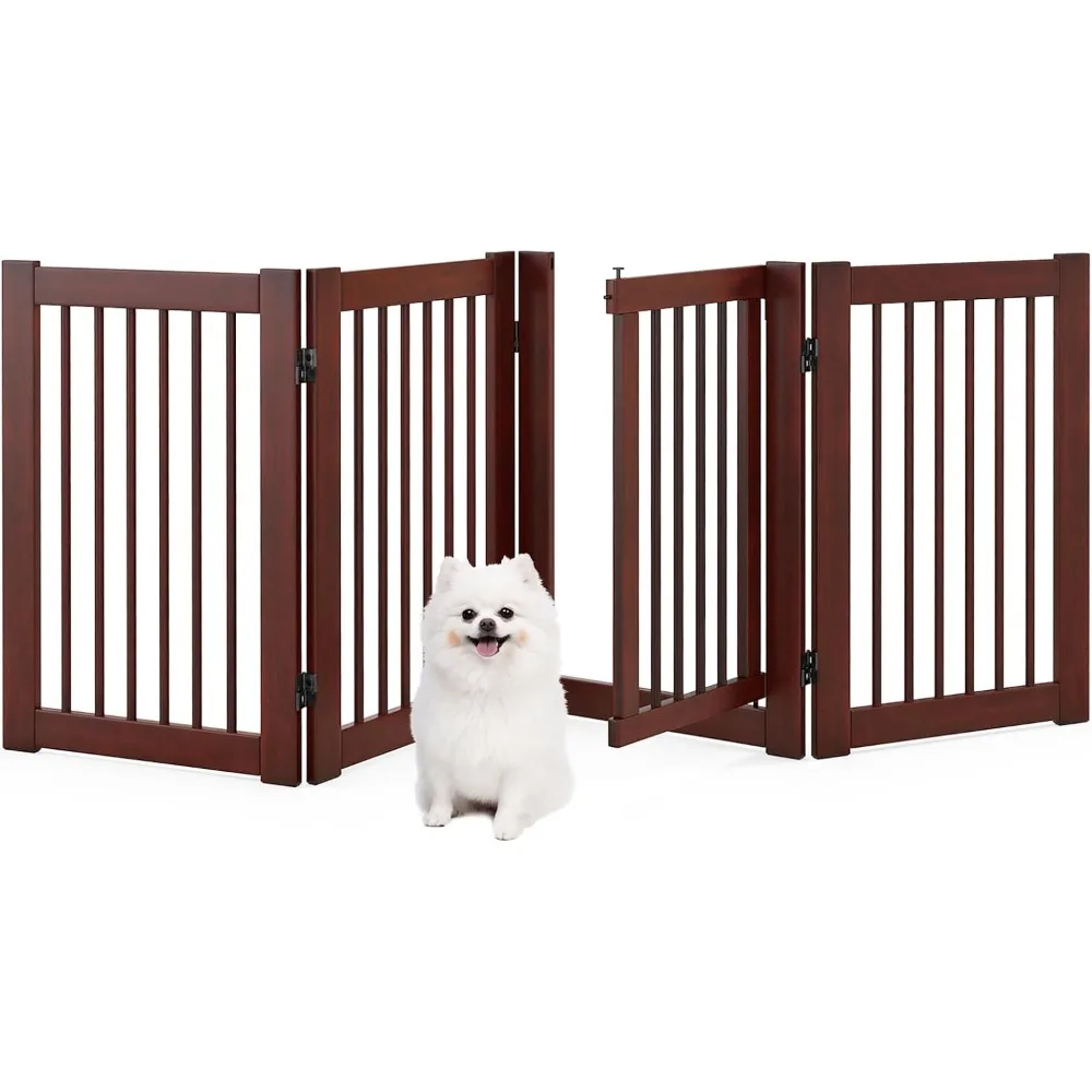 Dog Gate with Door - 30''H × 80''W Wooden Pet Gate with Walk Through Door, Foldable Freestanding 4 Panels Pet Safety Fence Extra