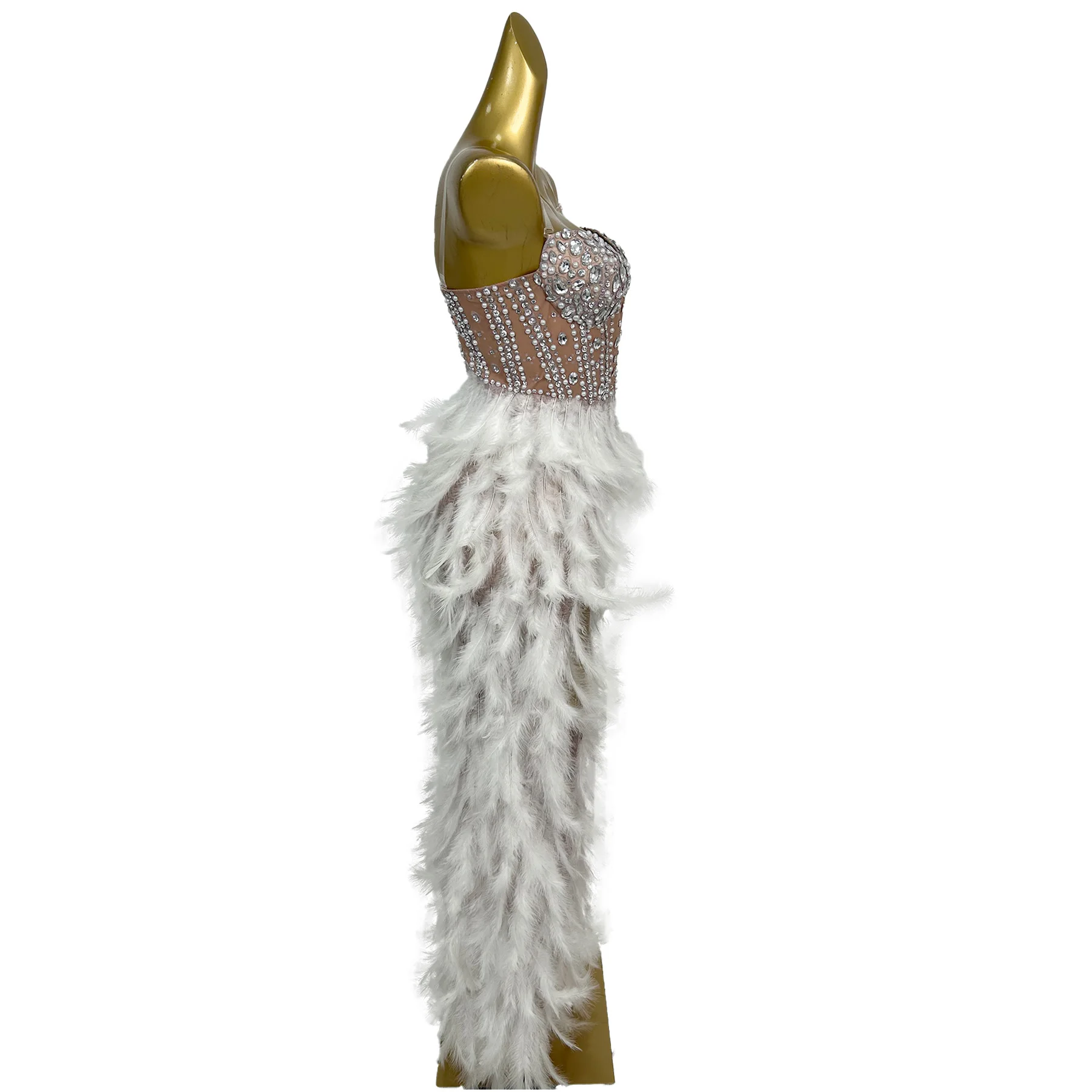 Yumao Fashion Women Rhinestone Dress Sexy Mesh Splicing Feather Slit Dress Stage Performance Dress Birthday Christmas Prom Gowns