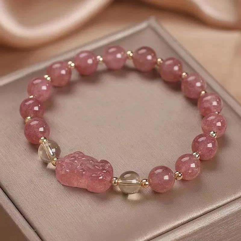 

Temple Style Pixiu Bracelet with Strawberry Quartz and Yellow Crystal for Good Luck Bracelet for Meditation