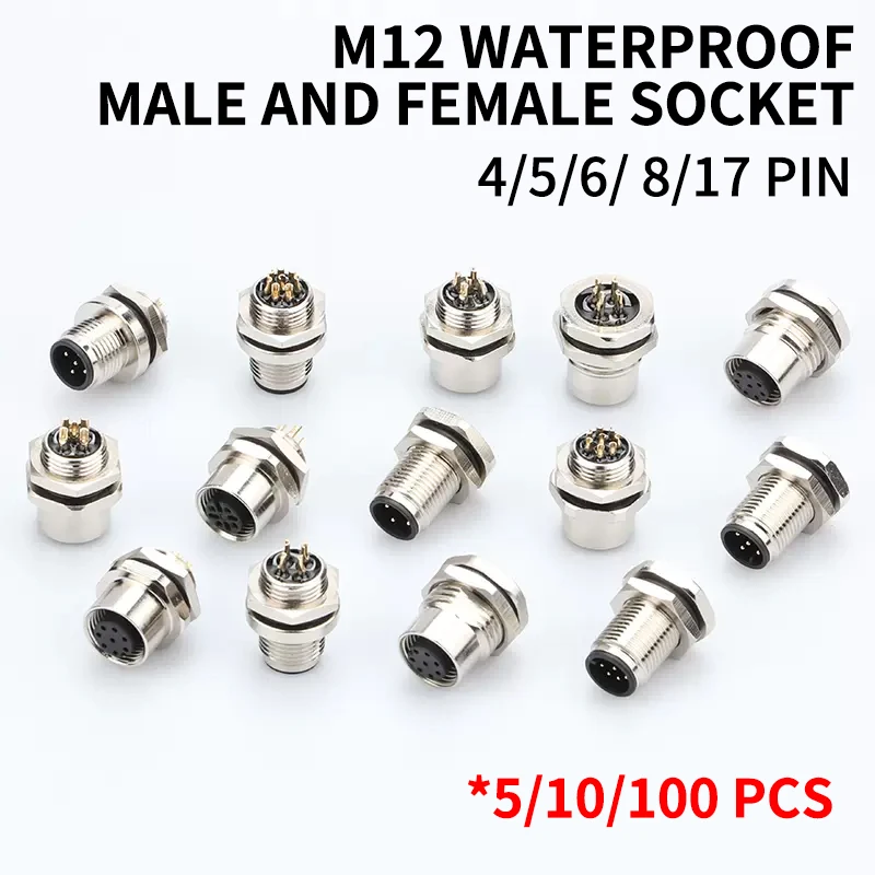 

5/10/100 PCS M12 male and female socket 3 4 5 6 8 17 pins weld IP67/68 Install front/rear panel waterproof circular connectors