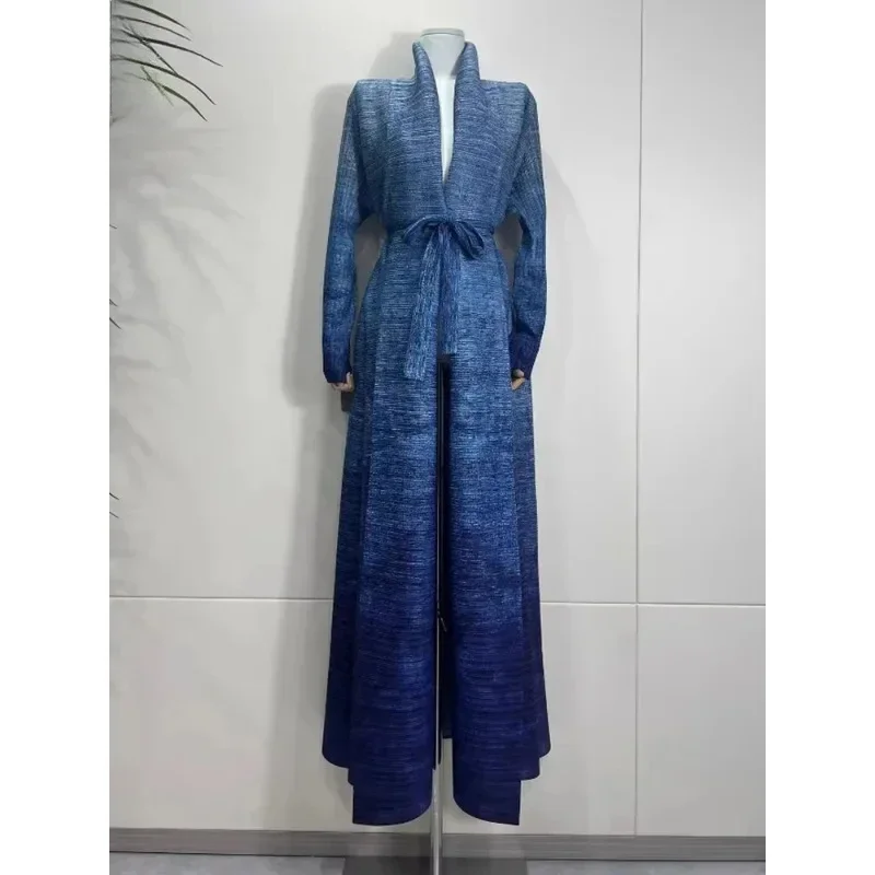 

KAF Pleated Gradient Women Abaya Lapel Retro Design Cardigan Tie Loose Large Size Arab Female Abaya 2025 Spring Autumn New