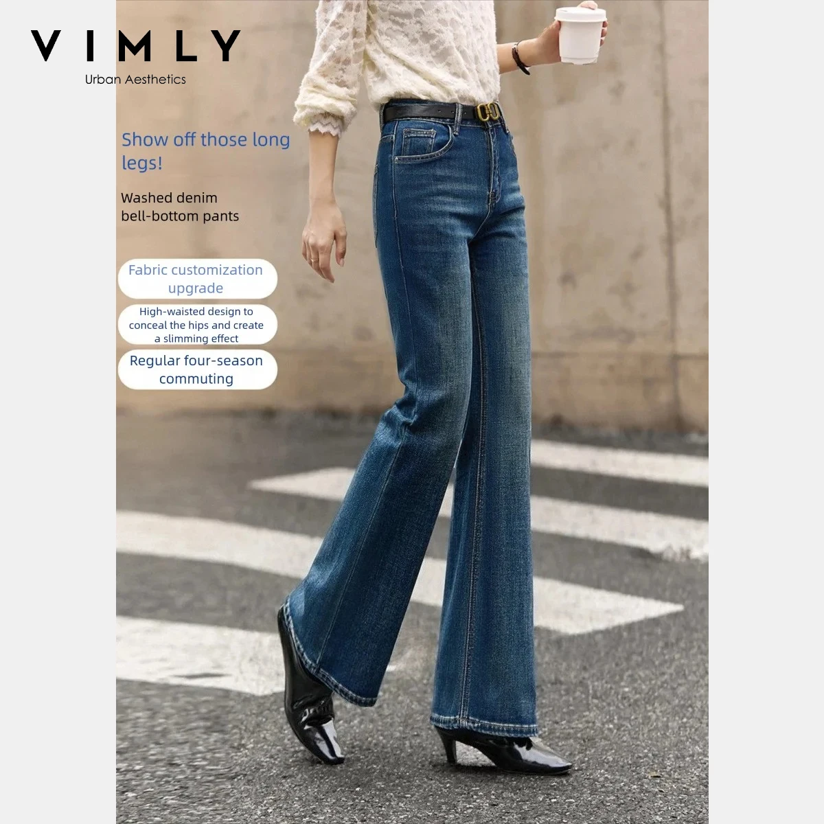 

VIMLY Women's Denim Pants 2025 Winter Retro Washed Waist Cinching Slim Flared Jeans Elegant Button Pocket Women Bottoms 75219