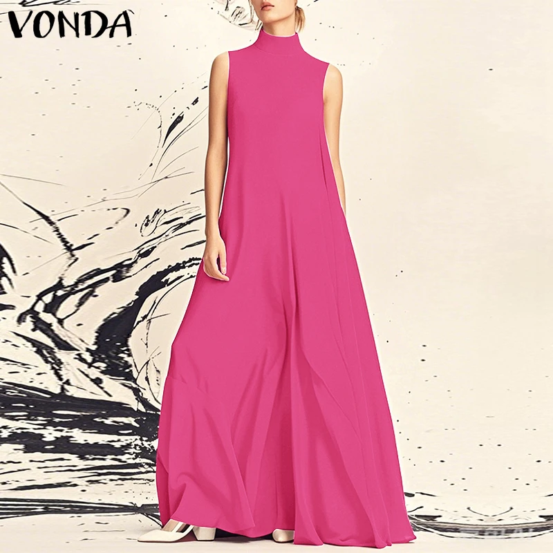 

Платье-сарафан VONDA 2026 летнее, без рукавов, для вечеринок, длинное, пляжное, с высоким воротом, в стиле бохо, повседневное, размеры до 5XL