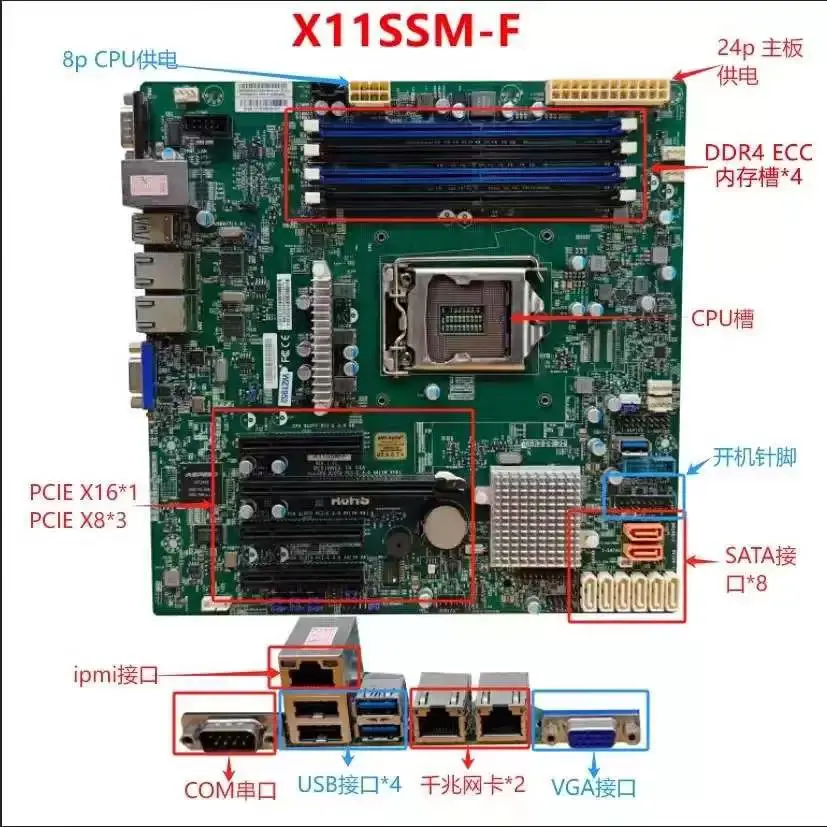 

Основная плата сервера IPMI X11SSM-F, одна основная плата NAS X11SSM-F, чип C236, двойная сетевая интерфейсная карта, используемая разборка
