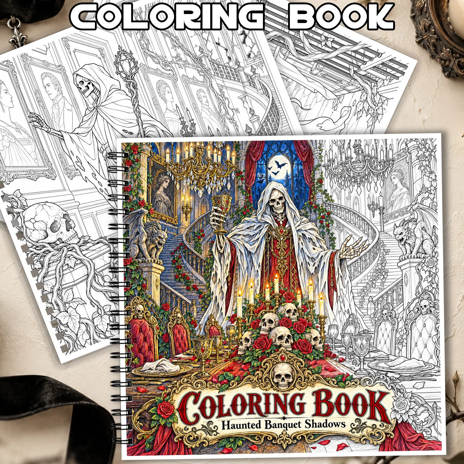 Spiral Binding Coloring Book Haunted Banquet Shadows 24 Pages Gothic Art for Adults Teens Showcasing Creativity Relieving Stress