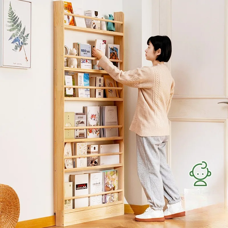 Simple solid wood bookshelf, floor-to-ceiling against the wall, household children's bookcase, picture book rack, storage rack