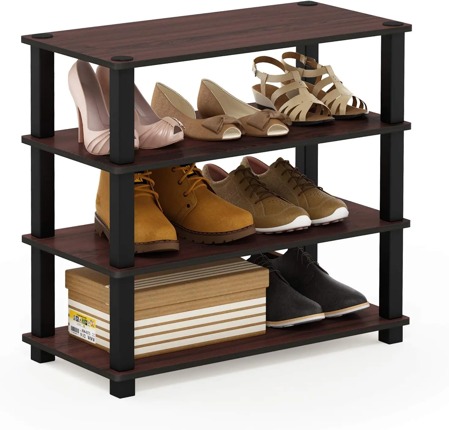 

4-Tier Shoe Organizer with Turn-S-Tube Design, Dark Cherry and Black Storage Rack for Entryway or Bedroom