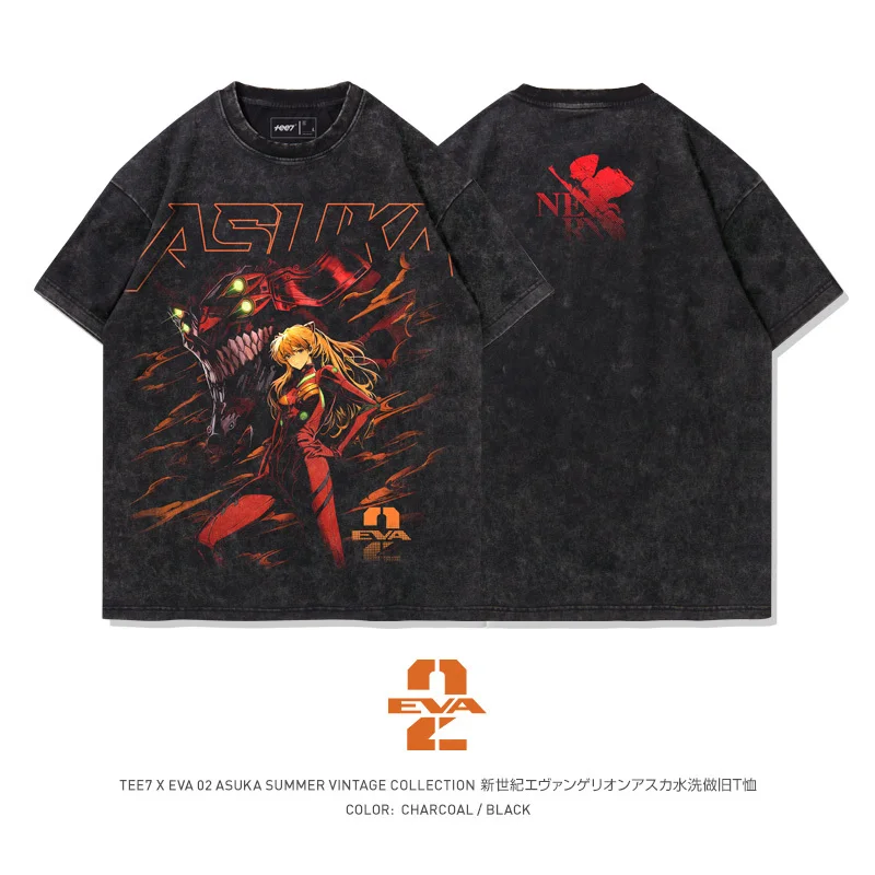 EVA Asuka Langley Soryu Anime Cartoon Cute Short Sleeve Creative Kawaii 2D Men and Women Couple Summer Washed Retro T-shirt Gift